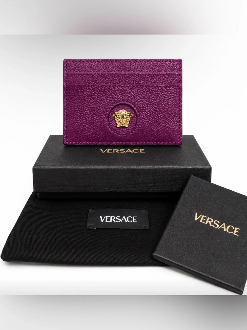 Versace La Medusa Leather Card Holder – Deep Purple/Gold